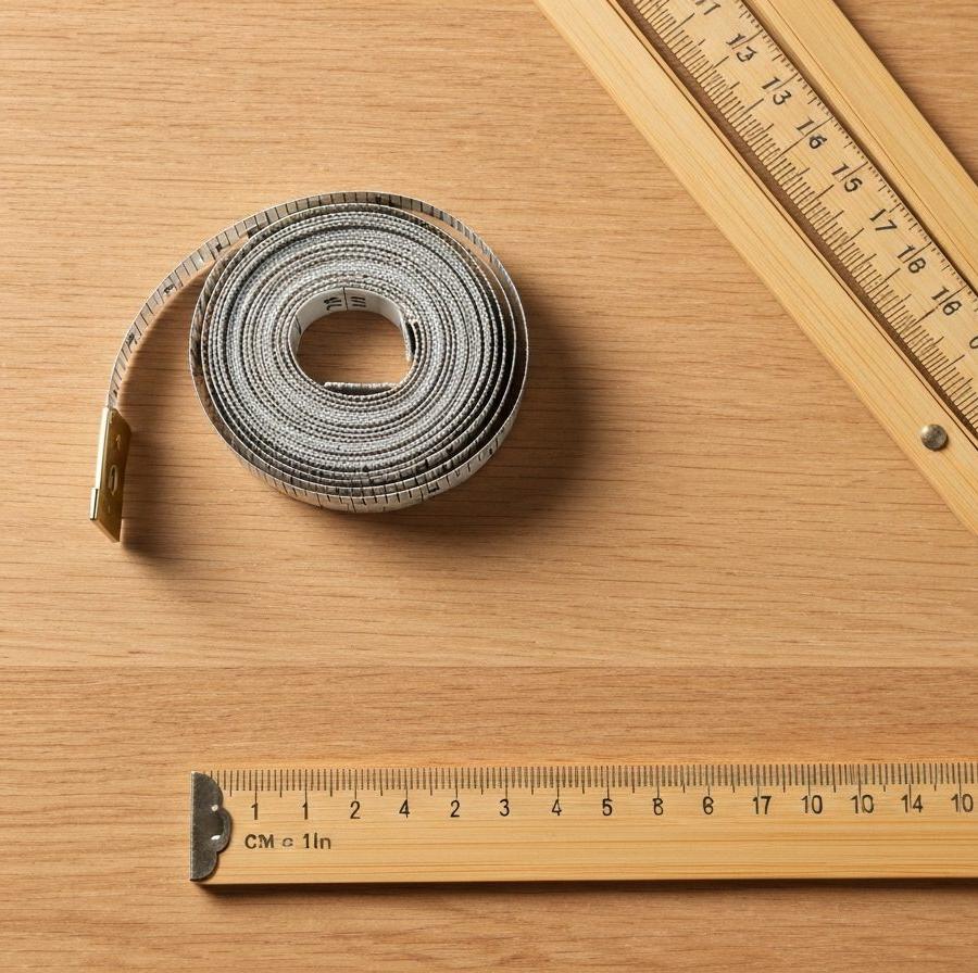 捲尺與三種單位標記的特寫俯拍
